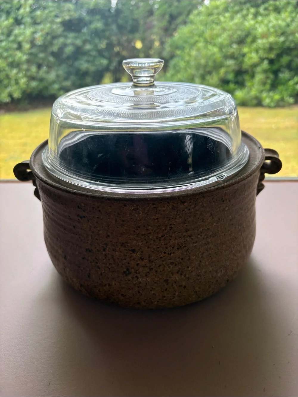 Glass Lid Stoneware Casserole Pot - Brown and Clear